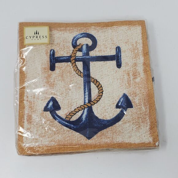 Cypress Home Tan and blue Nautical Anchor print large lunch Napkins 20 Ct NEW - Picture 1 of 2